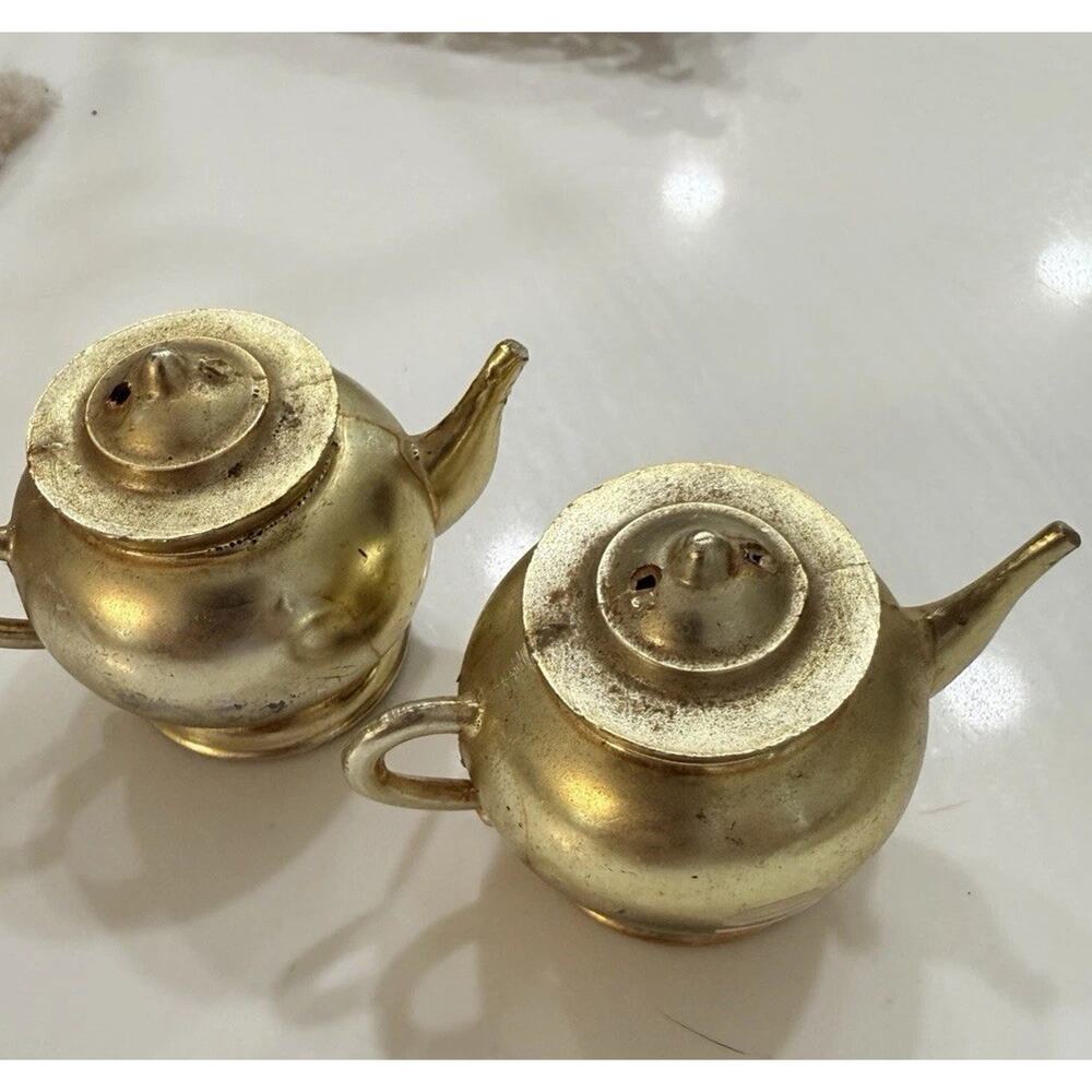 Mini Vintage Belly Teapot Salt & Pepper Shakers Gold Finish 1x2” - Picture 2 of 5